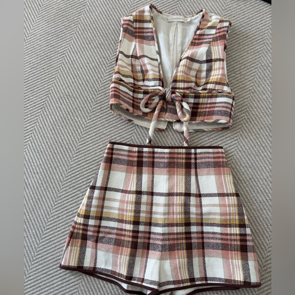 Zimmermann Checkered Shorts Set in Pink and Brown